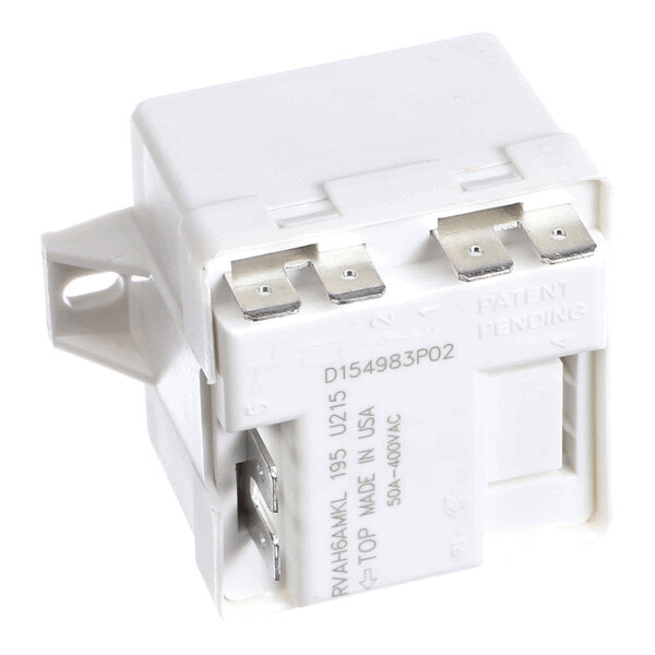 A white electrical relay with four metal prongs and a mounting bracket, featuring printed specifications on its side.