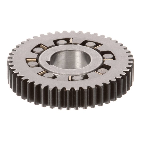 A metal gear with evenly spaced teeth and a central hole, featuring additional internal components visible near the center.
