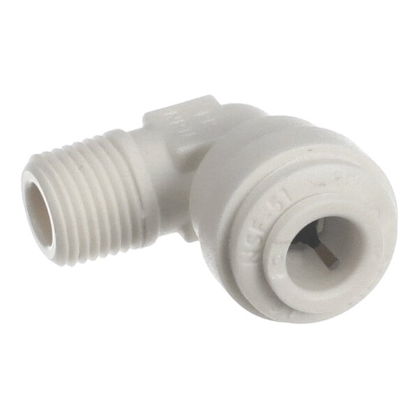 A white plastic 90-degree elbow fitting with a threaded end and a push-to-connect tube end.
