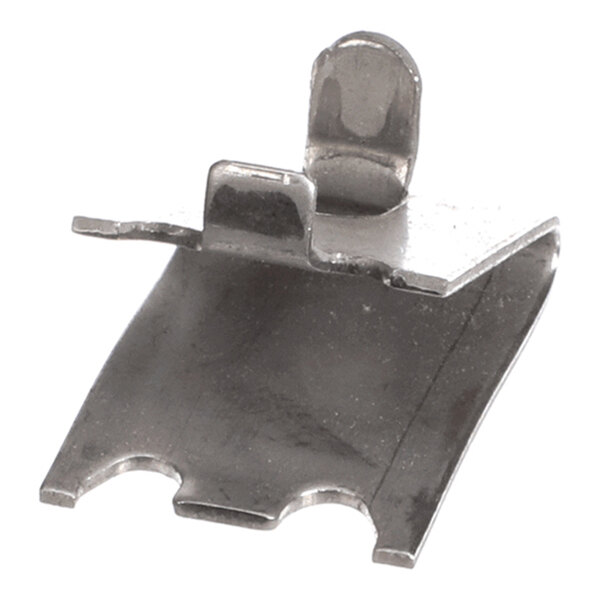 A small, metallic, stainless steel clip with a curved base and a protruding tab at the top.