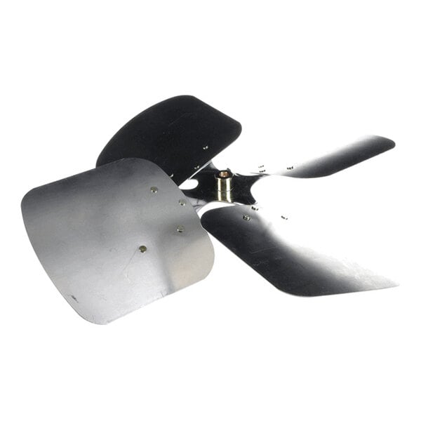A four-blade metal fan with a central mounting hub, featuring slightly curved blades.