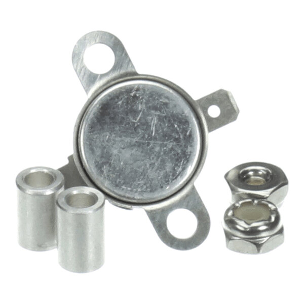 A round metallic component with three mounting tabs, accompanied by two cylindrical metal spacers and two hex nuts.