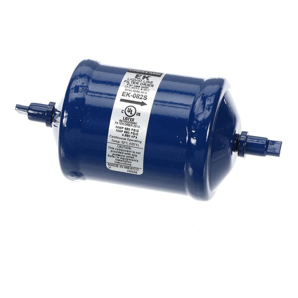 A blue cylindrical metal component with a label and two pipe connectors on either end, likely used in refrigeration or HVAC systems.