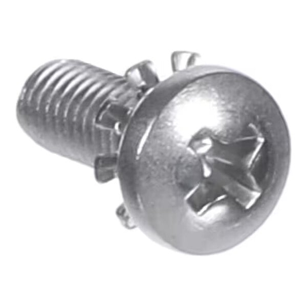 A close-up view of a metallic Phillips pan head screw with a built-in washer and threaded shaft.