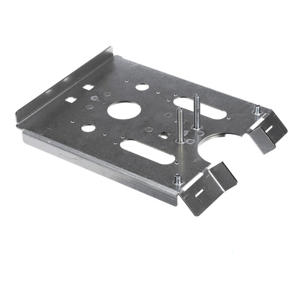 A metal mounting bracket with multiple holes, slots, and two protruding screws.