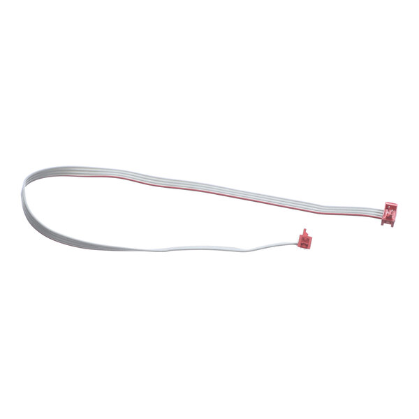 A flat, gray ribbon cable with red connectors at both ends, laid out on a white background.