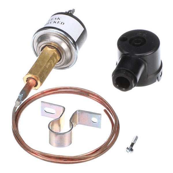 A set of mechanical and electronic components including a pressure switch, a coiled copper tube, a mounting bracket, a black plastic cap, and a small screw, all arranged on a white background.