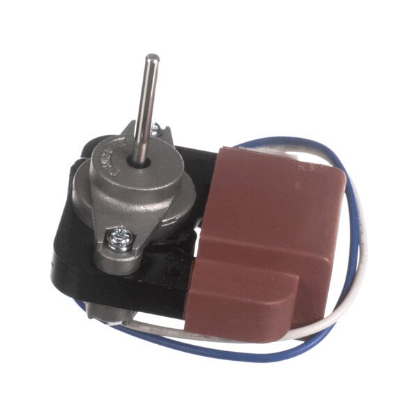 A small electric fan motor with a metal shaft, brown plastic housing, and attached blue and white wires.