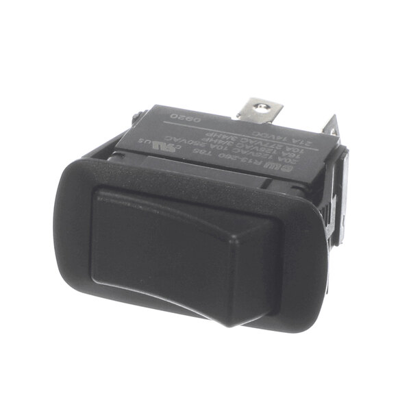 A black rectangular rocker switch with a slightly curved actuator and metal terminals on the back.