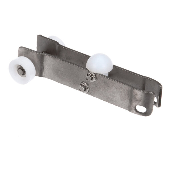 A metal bracket with two white plastic wheels and a white dome-shaped component attached.