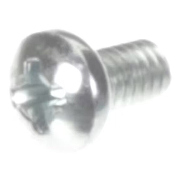 A close-up of a metallic Phillips pan head screw with a threaded shaft.