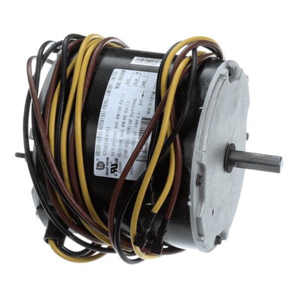 A cylindrical electric motor with multiple colored wires wrapped around it and a protruding metal shaft.