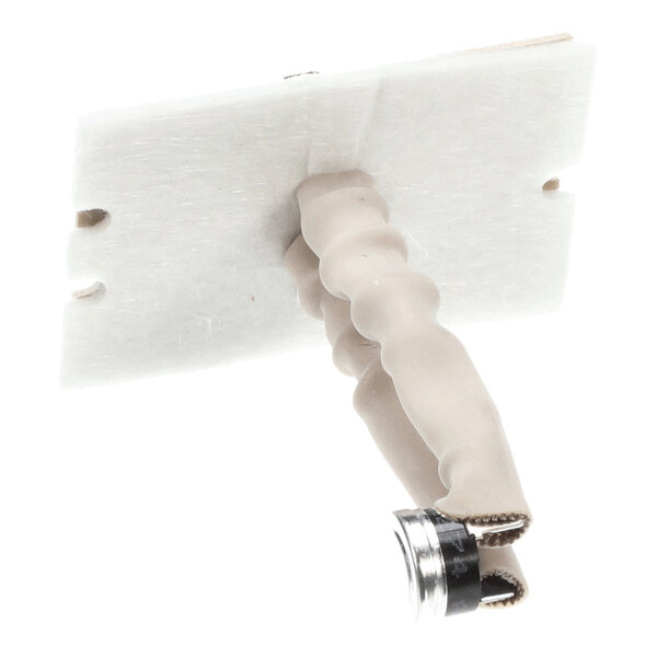 A close-up view of a thermal limit switch with a white rectangular mounting plate and a metal-tipped, insulated wire.