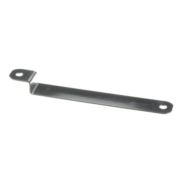 A flat, metallic bar with a slight bend and a hole at each end.
