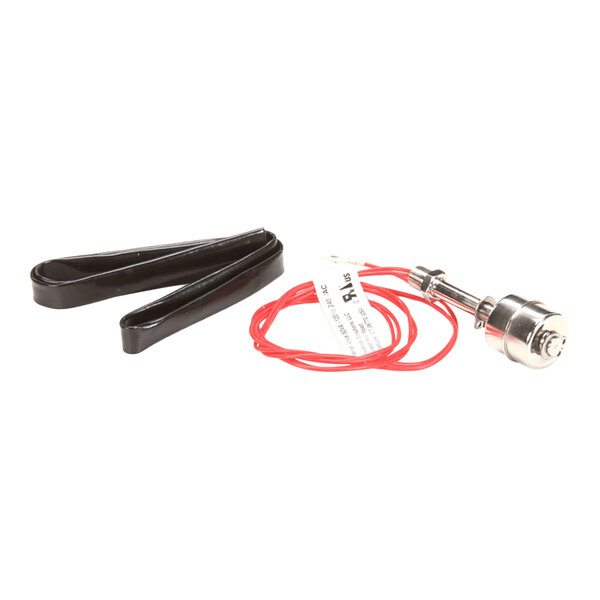 A metal switch assembly with red wires and a black rubber or plastic component placed beside it.