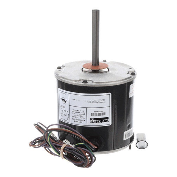 A cylindrical electric motor with a protruding shaft, attached wires, and a label on the side.