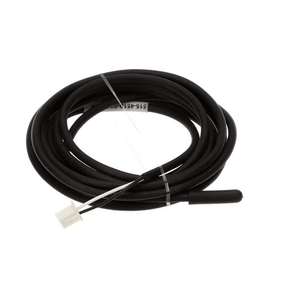 A coiled black cable with a small white connector on one end and a black cylindrical sensor on the other end.
