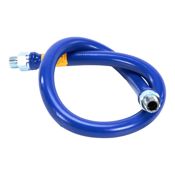 A coiled blue hose with metal fittings on both ends.