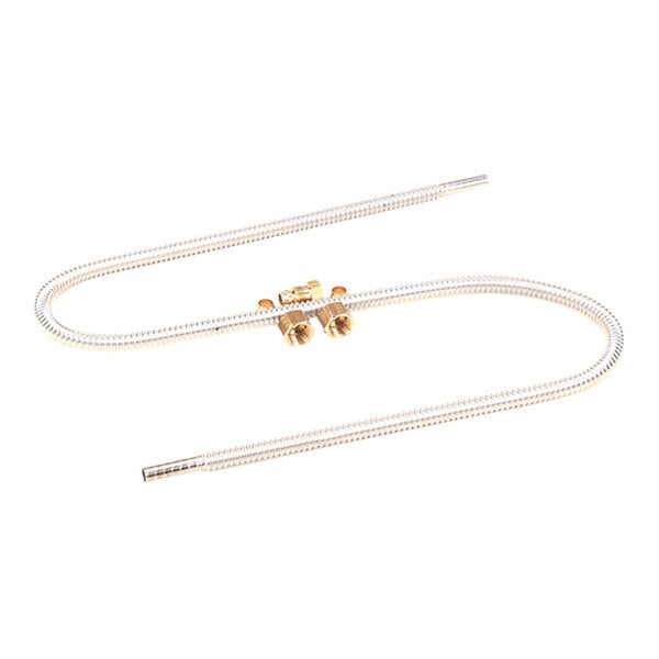 A flexible, metallic tube with brass fittings and a valve in the center, designed for plumbing or gas connections.