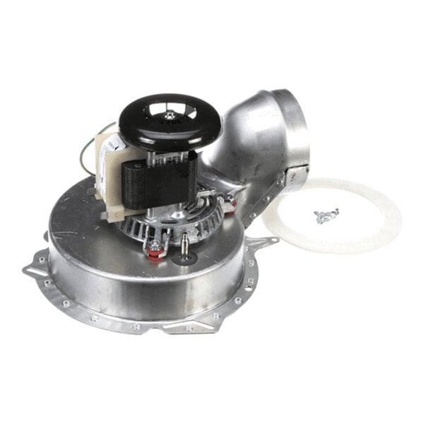 A metallic blower vent assembly with a circular base, attached motor, and a curved exhaust outlet, accompanied by a gasket and screws.