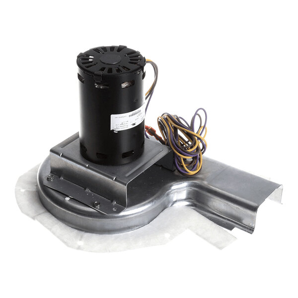 A metal blower assembly with a cylindrical black motor mounted on top and several colored wires attached.
