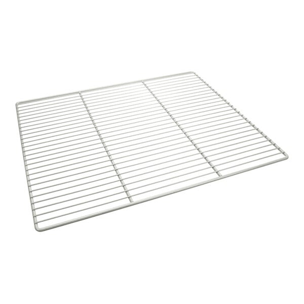 A rectangular metal wire shelf with evenly spaced horizontal bars and a simple frame.
