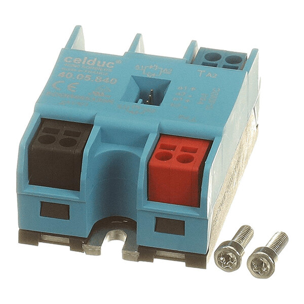 A blue rectangular electronic component with black and red terminal blocks, two screws, and visible labeling on the top surface.