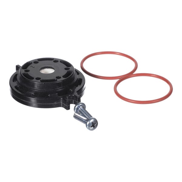 A black circular mechanical component with a central hole, accompanied by two red rubber O-rings and two metal screws, all placed on a white background.