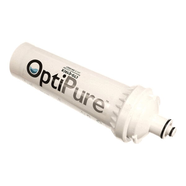 A cylindrical white cartridge with the label 'OptiPure' and a connector at one end, likely used for filtration purposes.
