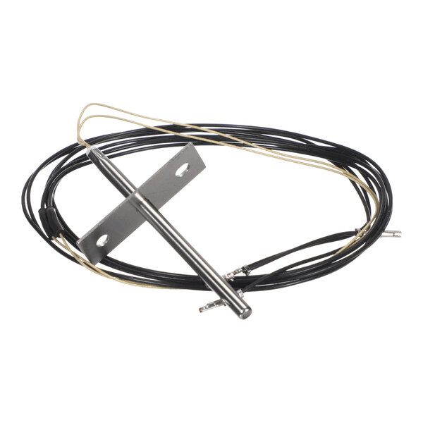 A metal rod-like sensor with an attached mounting bracket and long black and yellow wires coiled around it.