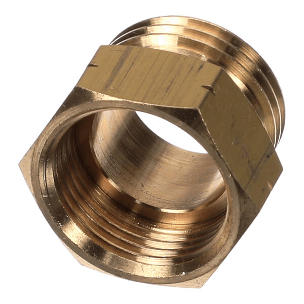 A brass hexagonal adapter with internal and external threads, designed for connecting two different pipe sizes.