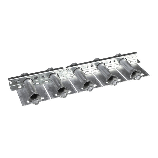 A metal assembly with five cylindrical burner tubes mounted on a flat base plate.