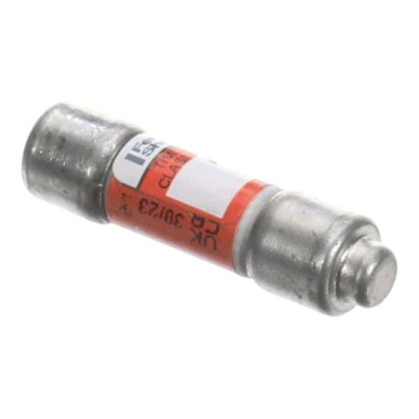 A cylindrical fuse with metal end caps and a red and white label wrapped around the body.