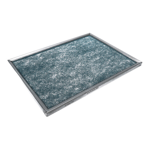 A rectangular air filter with a metal frame and a fibrous, textured filter material in the center.