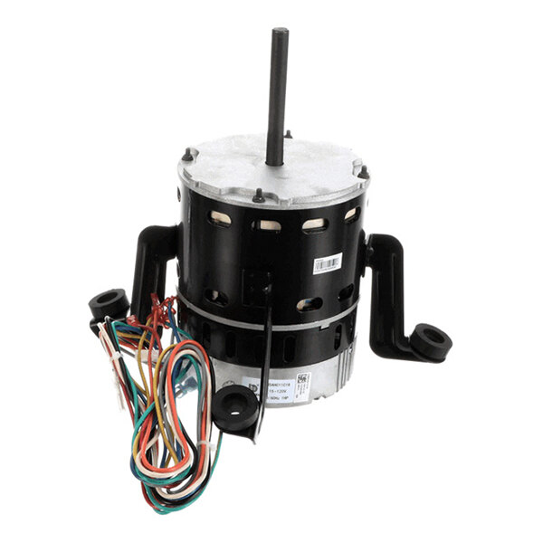 A cylindrical electric motor with a central shaft, black mounting brackets, and multiple colored wires extending from its base.