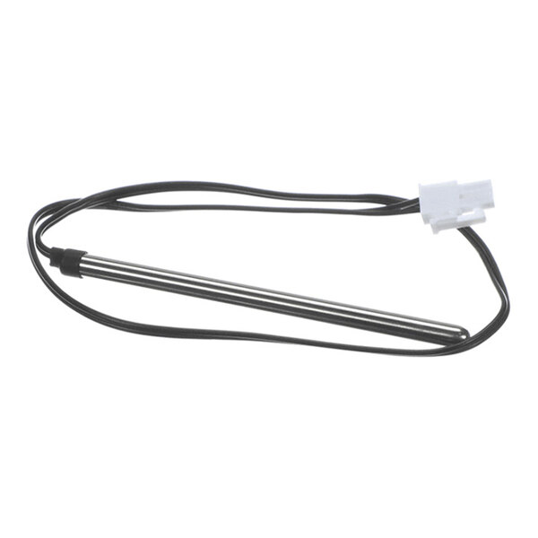 A metal probe attached to a long black cable with a white plastic connector at the end.