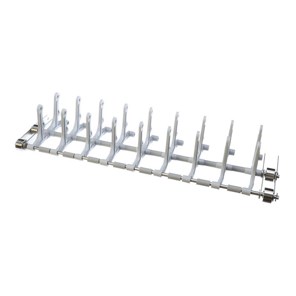 A metal rack-like component with evenly spaced vertical pegs and cylindrical rods at each end, viewed on a white background.