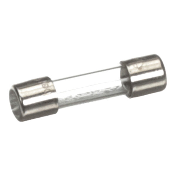 A small cylindrical glass fuse with metal caps on both ends.