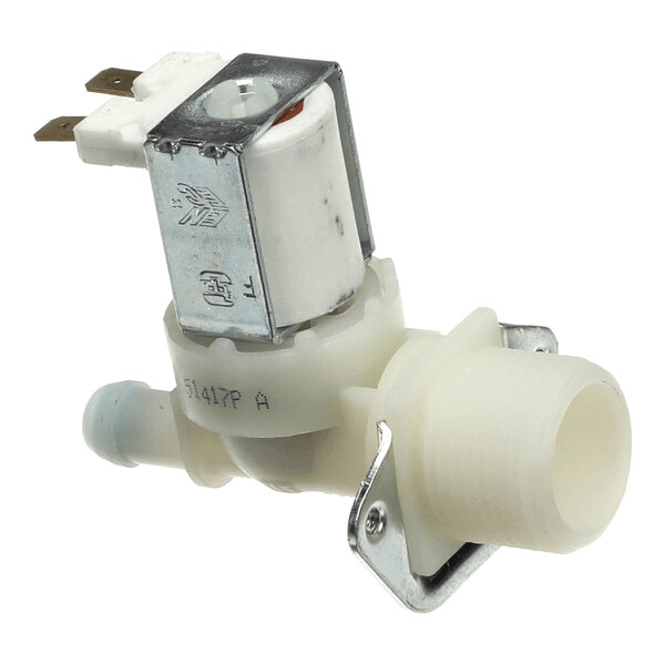 A white and metallic solenoid valve with electrical connectors and threaded plastic fittings.
