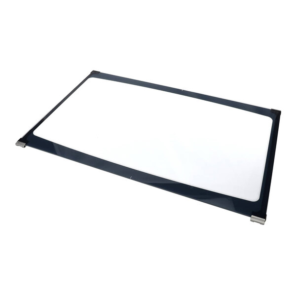 A rectangular glass pane with a dark border and metal clips at the corners, photographed against a white background.