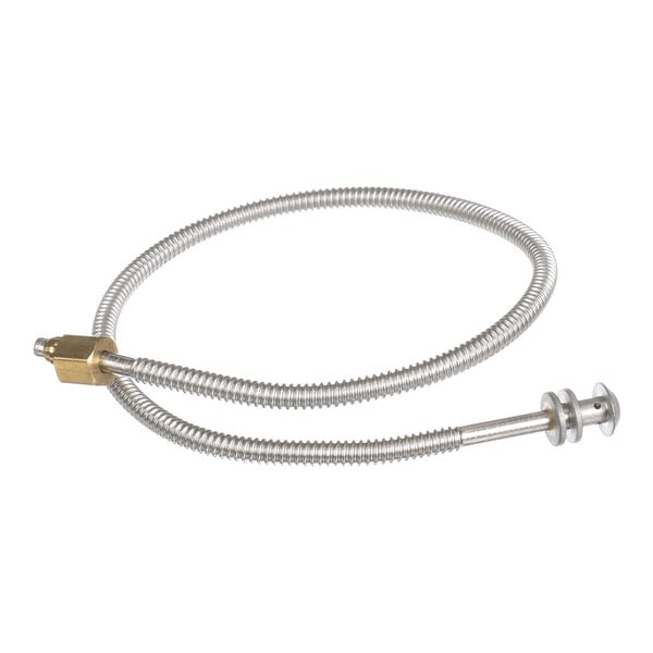 A coiled, flexible metal tube with a brass fitting on one end and a metal connector on the other end, shown against a white background.