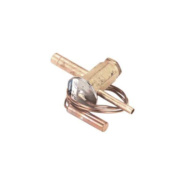 A brass and copper mechanical valve component with coiled tubing and cylindrical attachments, photographed on a white background.
