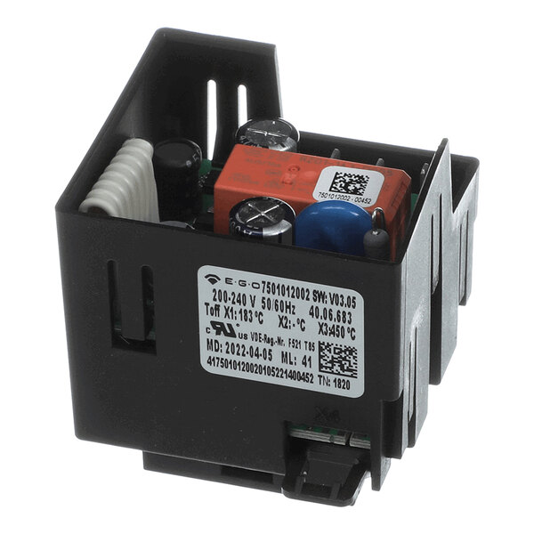 A black electronic component with visible capacitors, a relay, a coil, and a label displaying technical specifications and a QR code.