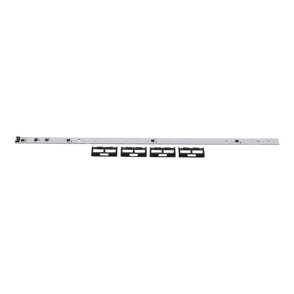 A long, narrow LED bar with four rectangular black mounting brackets placed below it, all set against a white background.