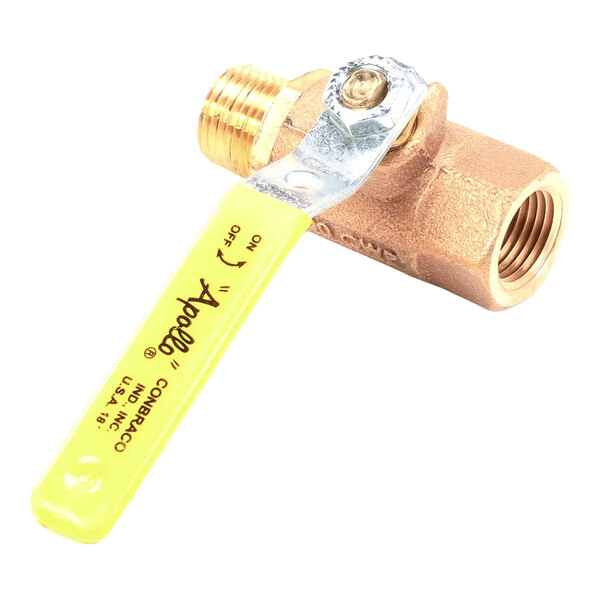 A bronze ball valve with a yellow handle, featuring one male threaded end and one female threaded end.