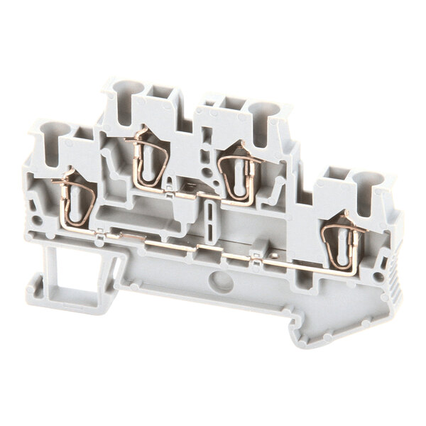 A gray plastic and metal terminal block with three connection points and mounting features.