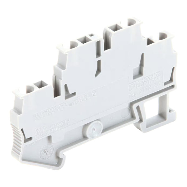 A gray plastic terminal block with multiple connection points and a modular design.
