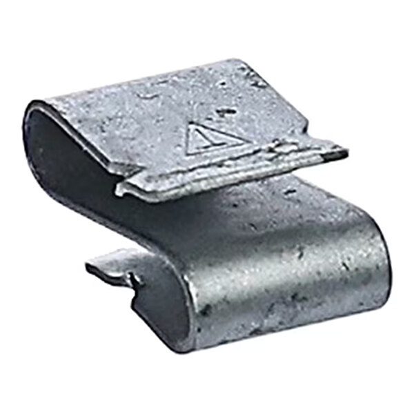 A close-up view of a metallic S-shaped clip with a slightly textured surface.