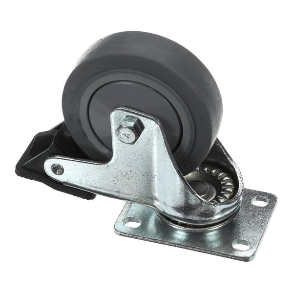 A metal swivel caster wheel with a gray rubber tire and a mounting plate.
