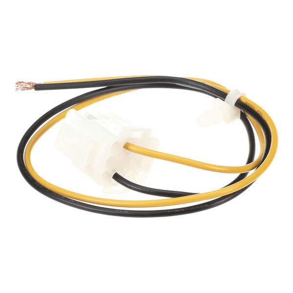 A wiring harness with black and yellow wires attached to a white plastic connector, with one end of the wires stripped and the other end secured by a zip tie.